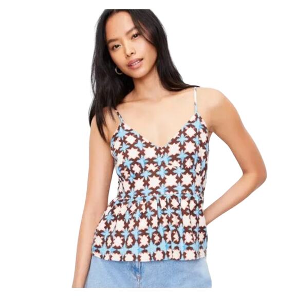 NWT LOFT Blue, Cream, Pink, Brown Sunwashed Floral Boho Peplum Cami - Picture 3 of 10